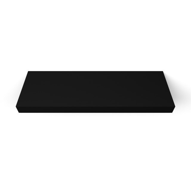 Front view of painted black floating shelf – 2 inch thick handcrafted wood design by J Thomas Home with concealed mounting bracket. Front view of painted black floating shelf – 2 inch thick handcrafted wood design by J Thomas Home with concealed mounting bracket.