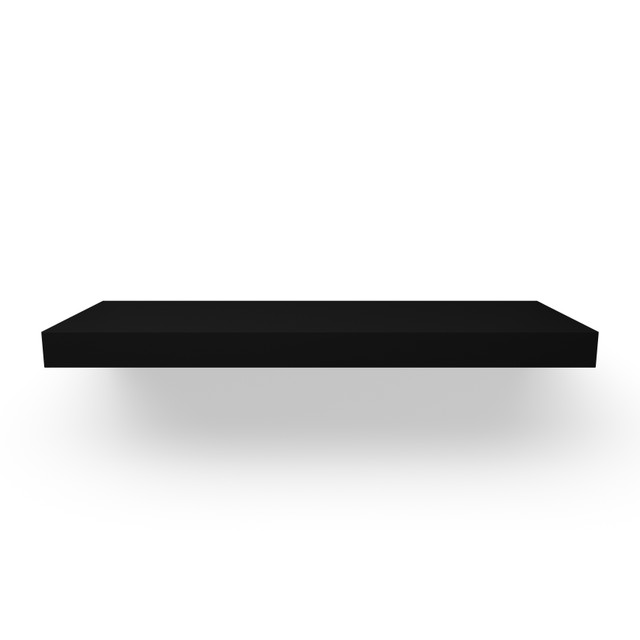 Top-down view of painted black floating shelf – 2 inch thick maple with smooth finish and seamless mitered corners. Top-down view of painted black floating shelf – 2 inch thick maple with smooth finish and seamless mitered corners.