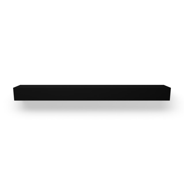 Front view of a black floating mantel shelf, highlighting the clean lines and solid wood construction with an elegant painted finish.