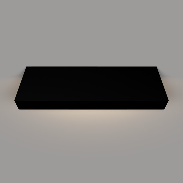 Top-down view of black painted floating shelf with hardwired LED lighting – 3 inch thick real wood box construction with smooth surface and clean lines