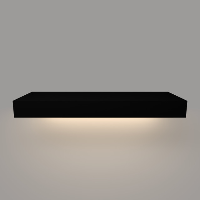 Front view of painted black floating shelf with integrated hardwired LED light – 3 inch thick real wood box design by J Thomas Home