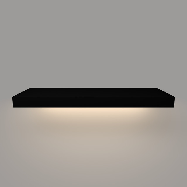 Front view of a painted black floating shelf with integrated hardwired LED lighting – 2-inch thick wood construction with a clean, modern design by J Thomas Home.