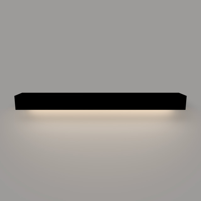 Front view of a black floating mantel shelf with integrated LED lights, highlighting its clean lines and soft glow under the shelf.