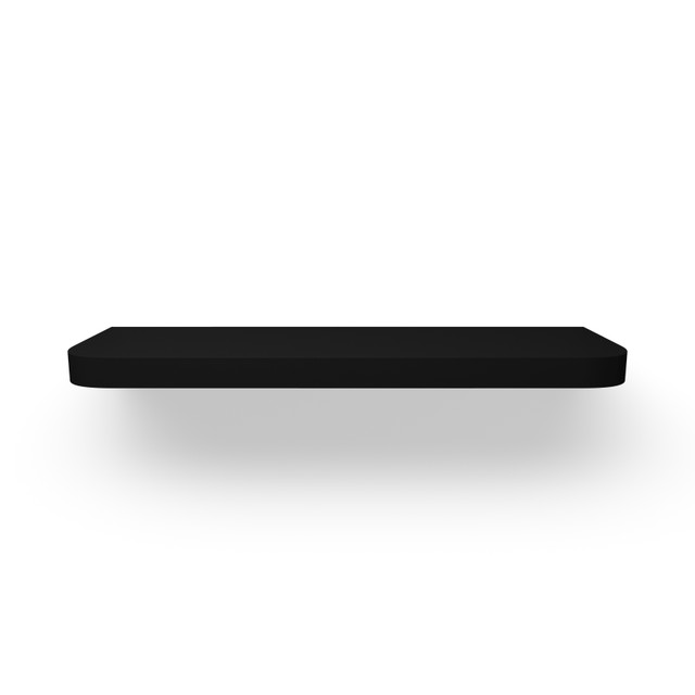 Top-down view of a black painted floating shelf with curved front corners, displaying its spacious surface and smooth finish.