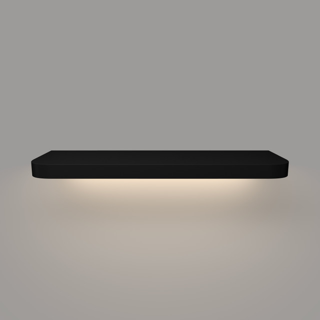 Front view of a black floating shelf with built-in LED lights and 1.625-inch thickness, showcasing clean lines and softly curved front corners. Front view of a black floating shelf with built-in LED lights and 1.625-inch thickness, showcasing clean lines and softly curved front corners.