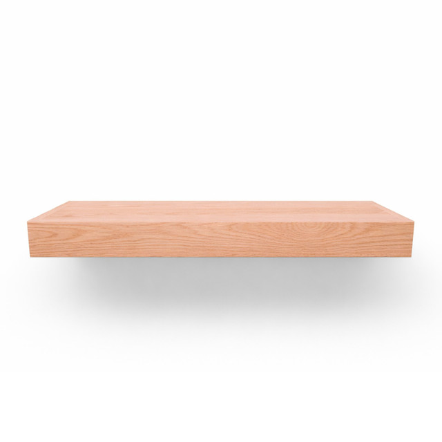 Front view of a 3-inch thick unfinished red oak floating shelf, showing natural grain, raw wood texture, and color variation.