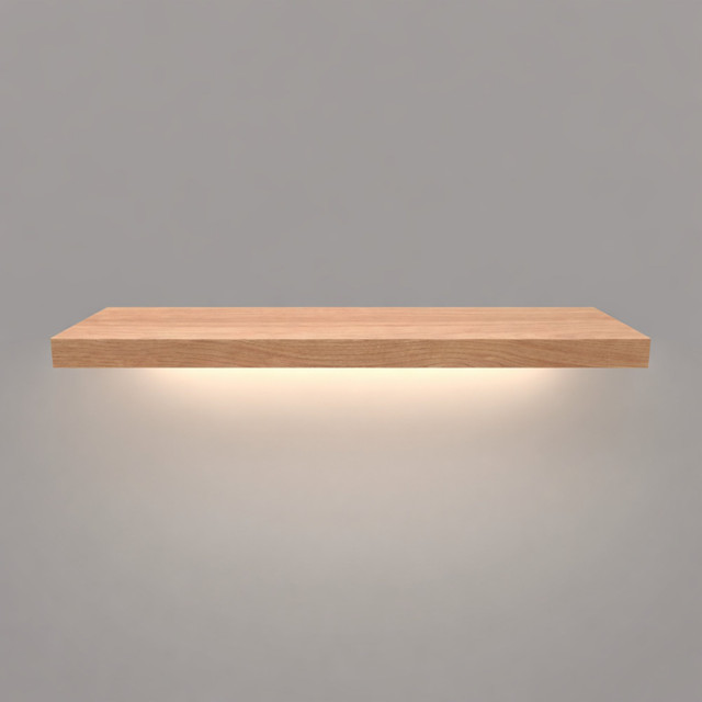 Front view of a 1 5/8-inch thick solid red oak unfinished wood shelf with integrated LED downlighting, showing natural grain, raw wood texture, and illuminated underside.