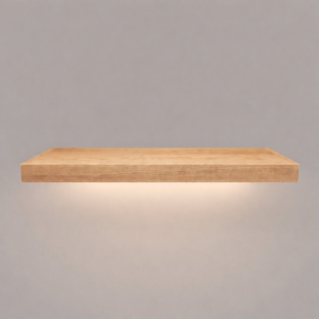 Front view of a 2-inch thick unfinished red oak floating shelf with integrated LED downlighting, showing natural grain, raw wood texture, and color variation.