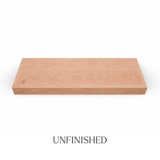 Top view of a 3-inch thick LED-lit unfinished red oak floating shelf, showing natural grain, raw wood texture, and integrated LED lighting channel.