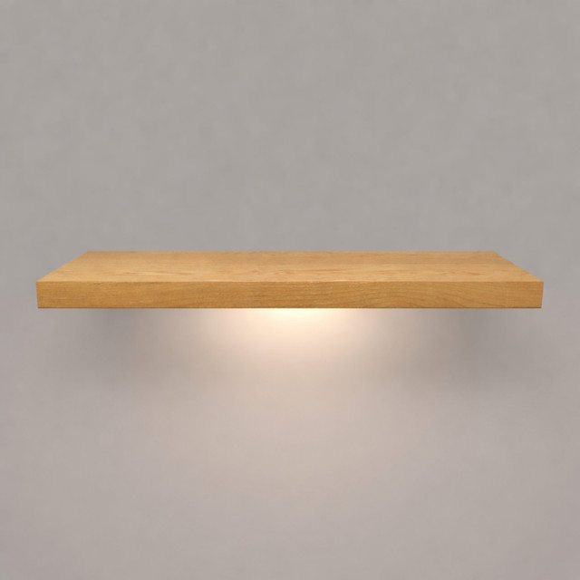 Front view of a 1 5/8-inch thick solid red oak wood floating shelf with battery-powered LED downlighting, finished in clear coat, showing natural grain, raw wood texture, and illuminated underside.