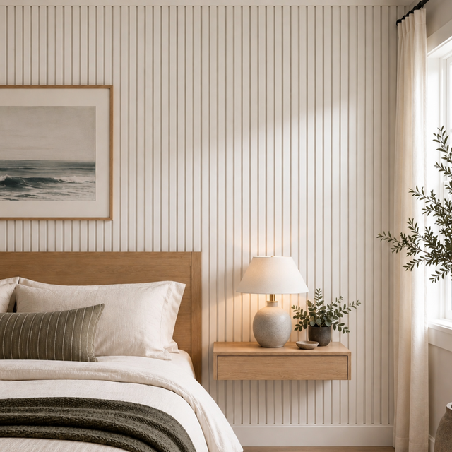 Modern bedroom with white acoustic slat wall panels creating a floor-to-ceiling accent wall behind a floating white oak nightstand.