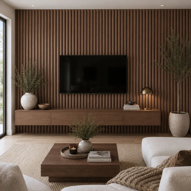 Modern living room featuring Tawny Reeded acoustic wall panels surrounding a wall-mounted television and floating media console.