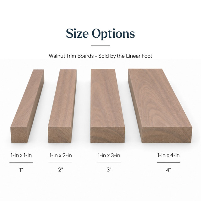 Walnut trim boards size options, sold by the linear foot