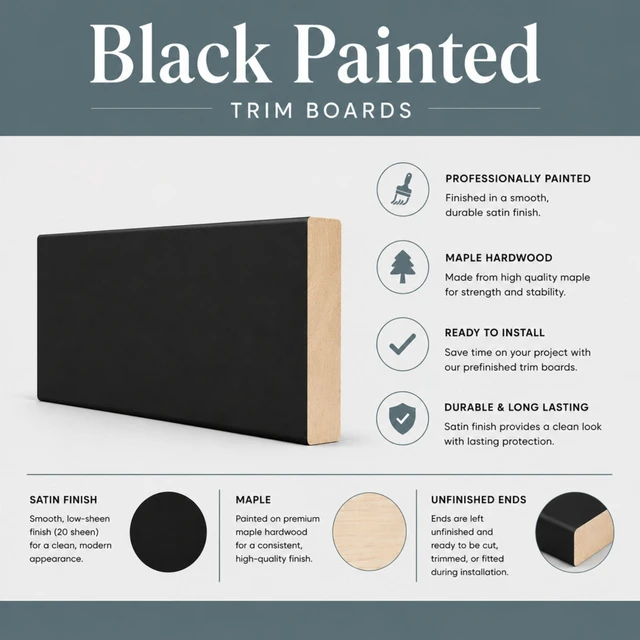 Black Painted Maple trim boards showing product features, available finish colors, and unfinished option.