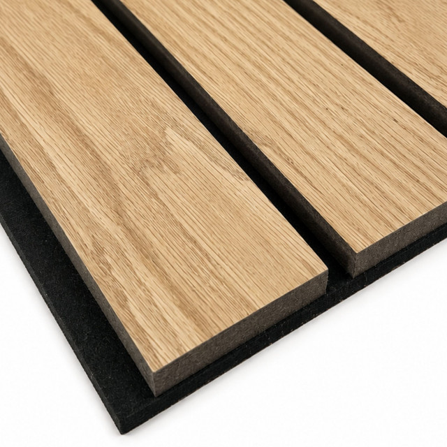 Close-up of natural slat wall panel showing 3-inch-wide slats, natural oak grain, and black acoustic felt backing.