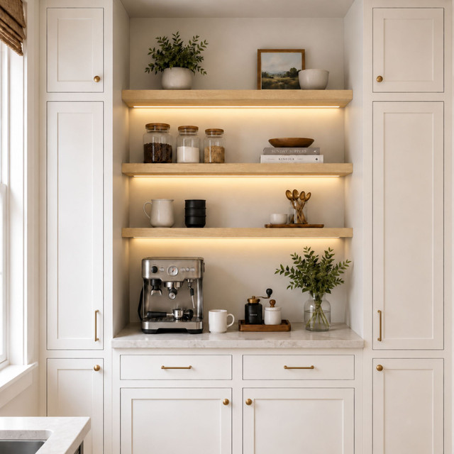 1.625-inch Maple LED-lit alcove shelves installed in a built-in kitchen coffee bar with recessed under-shelf lighting.