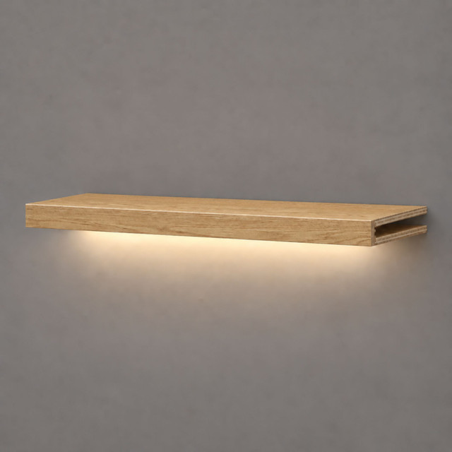 2-inch box construction White Oak LED-lit alcove shelf with recessed hardwired lighting underneath and an open end for a custom-fit installation.