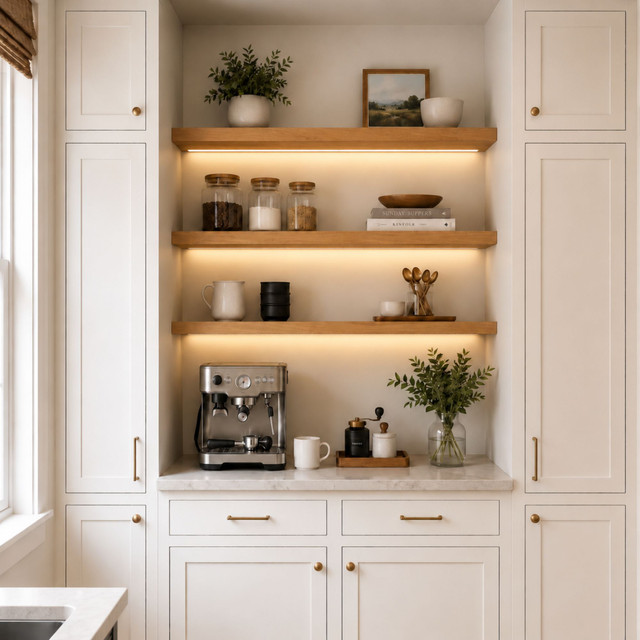 1.625-inch Superior Alder LED-lit alcove shelves installed in a built-in kitchen coffee bar with recessed under-shelf lighting.