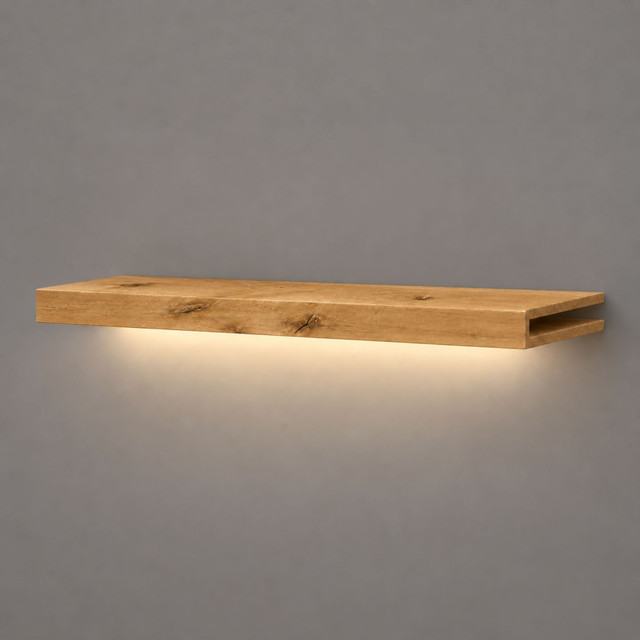 1.625-inch solid wood Rustic Alder LED-lit alcove shelf with recessed hardwired lighting underneath and an open end for a custom-fit installation.