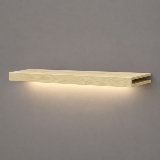 1.625-inch solid wood Pine LED-lit alcove shelf with recessed hardwired lighting underneath and an open end for a custom-fit installation.