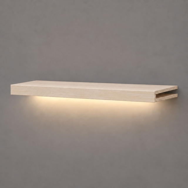 2-inch box construction Maple LED-lit alcove shelf with recessed hardwired lighting underneath and an open end for a custom-fit installation.