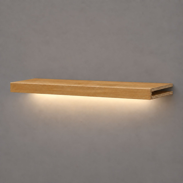 2-inch box construction Superior Alder LED-lit alcove shelf with recessed hardwired lighting underneath and an open end for a custom-fit installation.