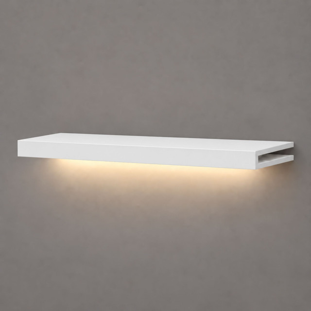 2-inch box construction White Painted LED-lit alcove shelf with recessed hardwired lighting underneath and an open end for a custom-fit installation.