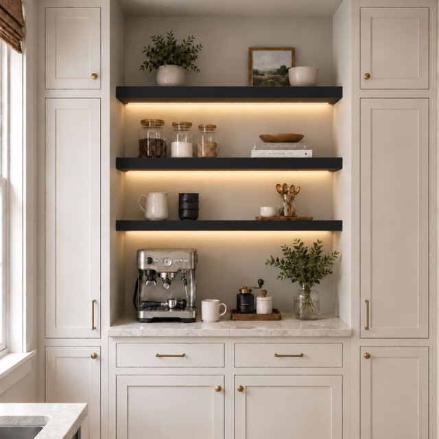 2-inch Black Painted Maple LED-lit alcove shelves installed in a built-in kitchen coffee bar with recessed under-shelf lighting.