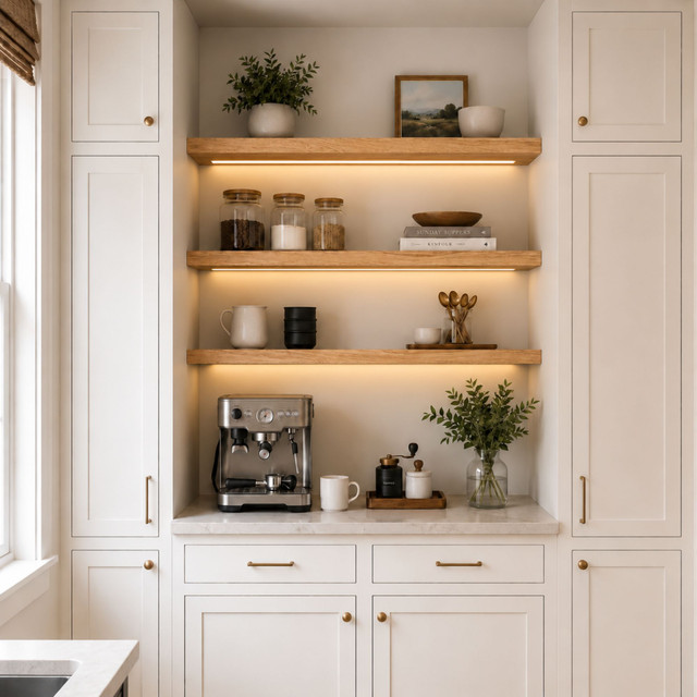 2-inch Red Oak LED-lit alcove shelves installed in a built-in kitchen coffee bar with recessed under-shelf lighting.