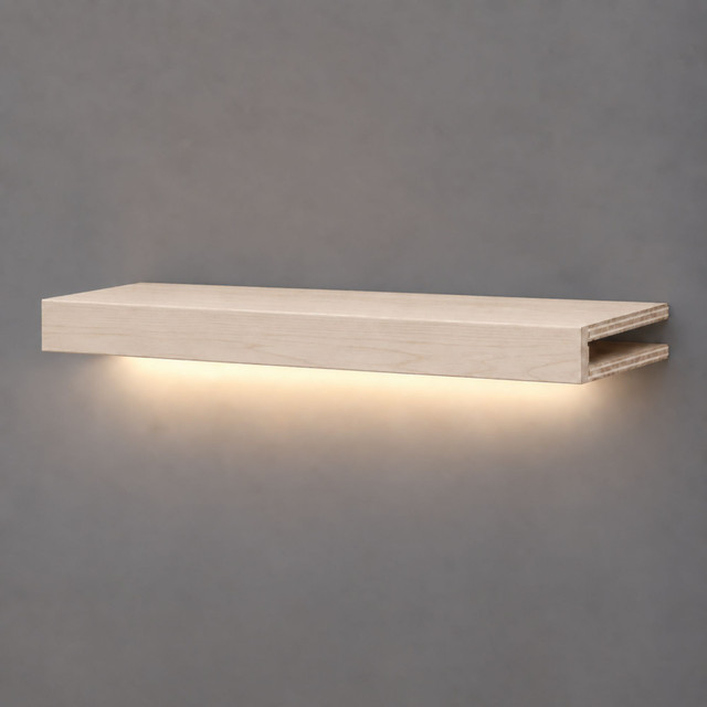 3-inch box construction Maple LED-lit alcove shelf with recessed hardwired lighting underneath and an open end for a custom-fit installation.
