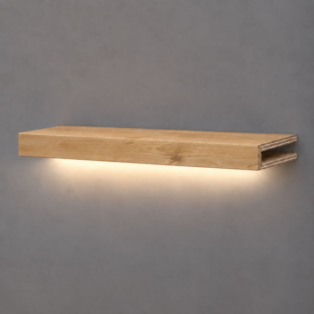 3-inch box construction Superior Alder LED-lit alcove shelf with recessed hardwired lighting underneath and an open end for a custom-fit installation.