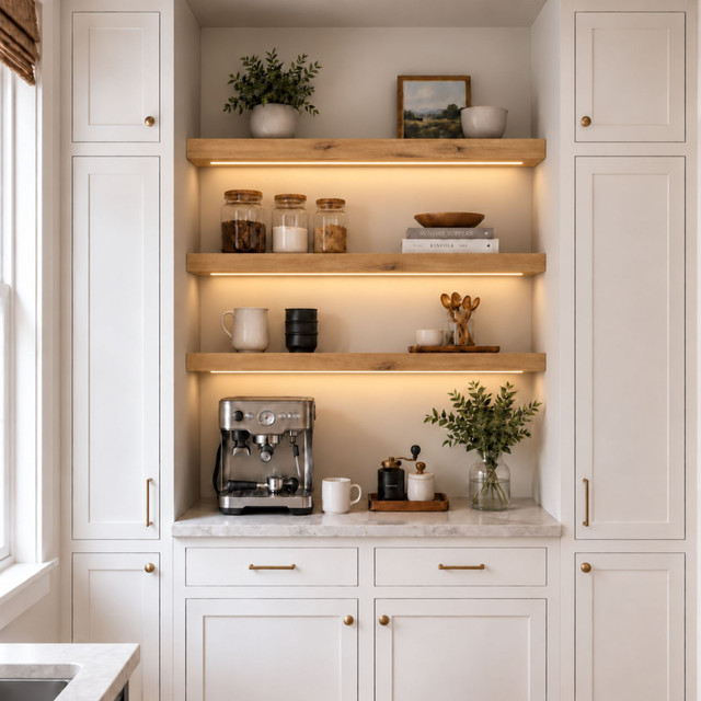 3-inch Rustic Alder  LED-lit alcove shelves installed in a built-in kitchen coffee bar with recessed under-shelf lighting.