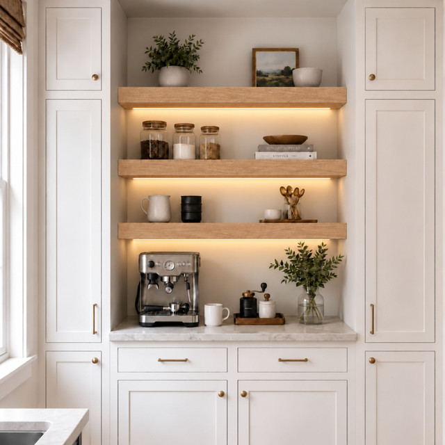 3-inch Red Oak LED-lit alcove shelves installed in a built-in kitchen coffee bar with recessed under-shelf lighting.