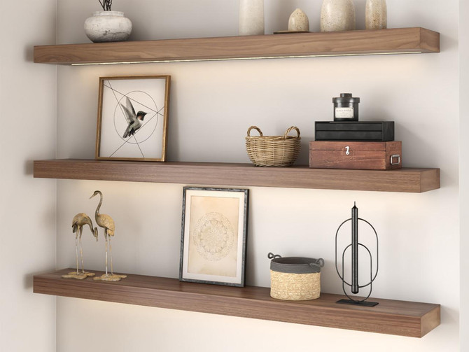 J Thomas Home Walnut 3" Thick Lighted Floating Shelves 