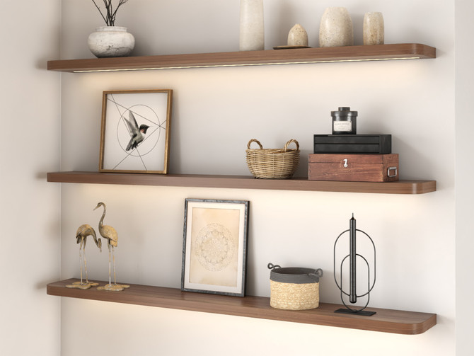 Walnut Radius Corners Lighted Floating Shelves