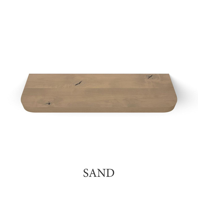 j thomas home rustic alder 1 5/8" thick floating shelf with curved radius corners finished in popular stain color sand