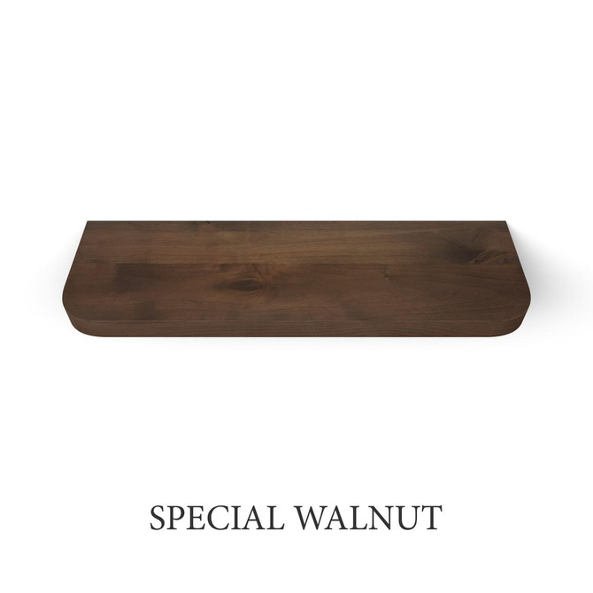 special walnut stain shown on j thomas home rustic alder 1 5/8" thick floating shelf with curved radius corners