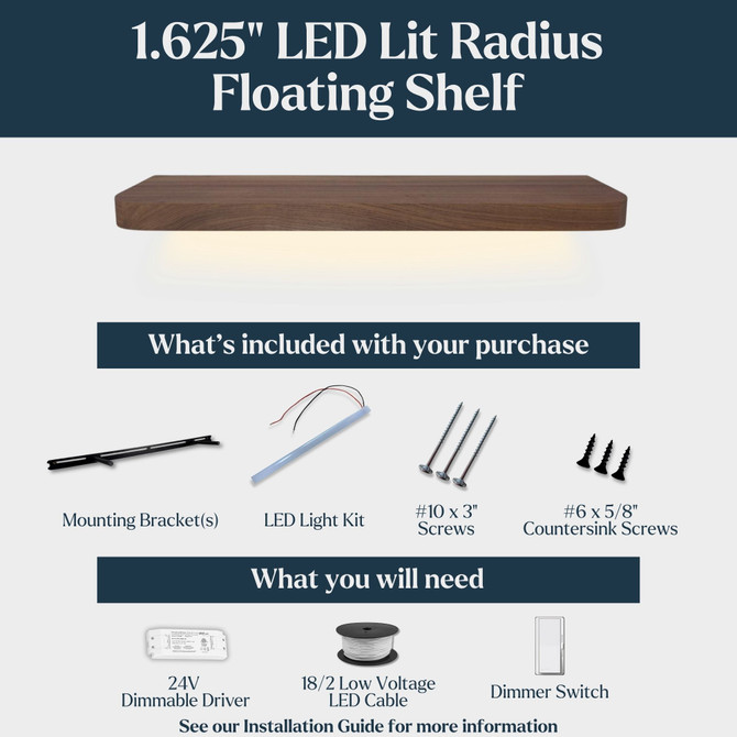 White Oak Radius Corners Lighted Floating Shelves