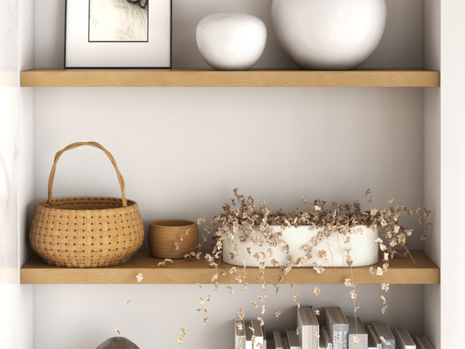 closeup room scene with superior alder 1 5/8" floating shelves used in an alcove