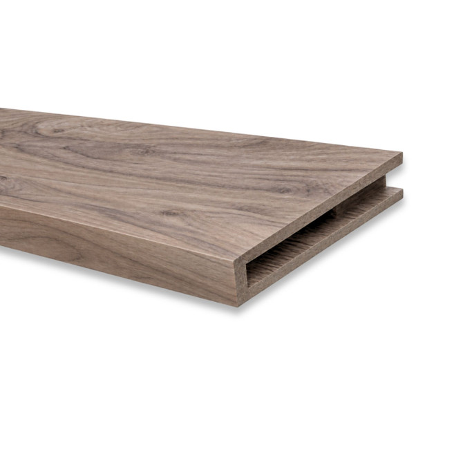 Close-up of Walnut alcove floating shelf showing the open end, wood grain, and recessed hidden cleat channel.