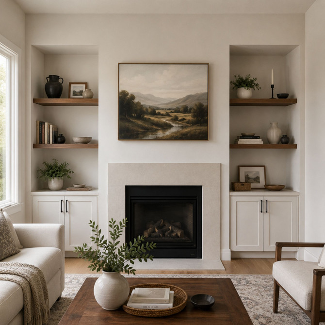 Walnut alcove floating shelves installed in recessed living room niches on either side of a fireplace.