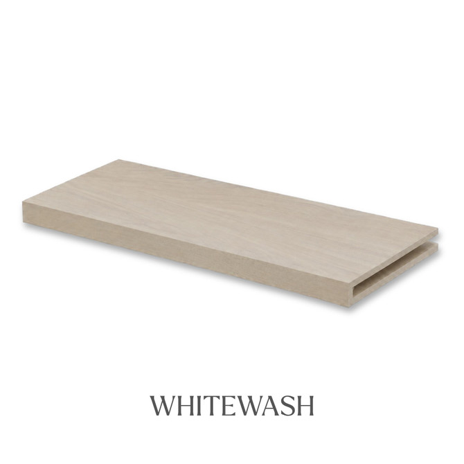 1 5/8-inch solid Walnut alcove floating shelf in White Wash finish with an open end for trimming.
