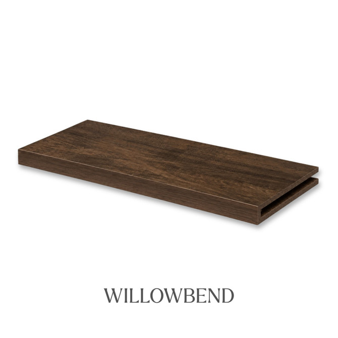 1 5/8-inch solid Maple alcove floating shelf in Willowbend finish with an open end for trimming.