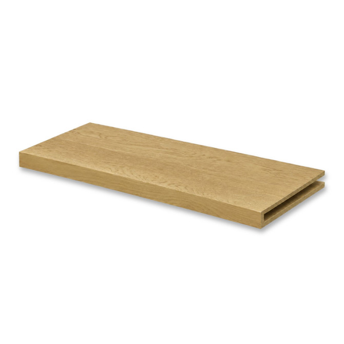 White oak 1.625-inch solid wood alcove floating shelf featuring natural oak grain and an open end for a custom-fit installation.