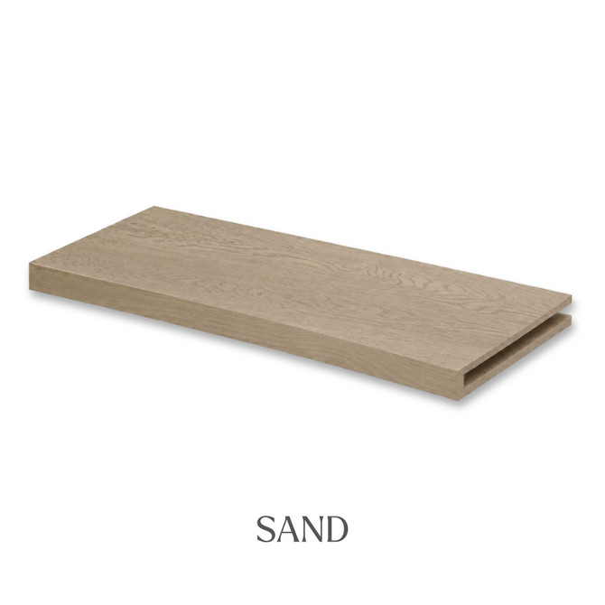 1 5/8-inch solid White Oak alcove floating shelf in Sand finish with an open end for trimming.