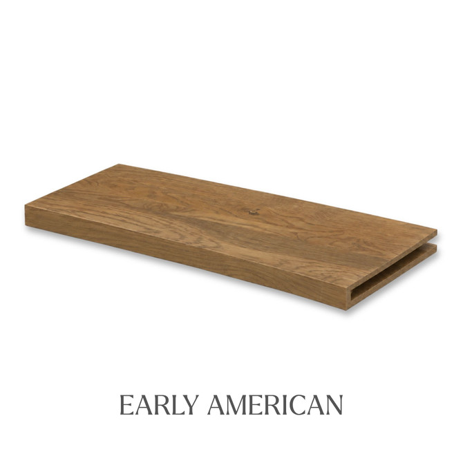 1 5/8-inch solid White Oak alcove floating shelf in Early American finish with an open end for trimming.