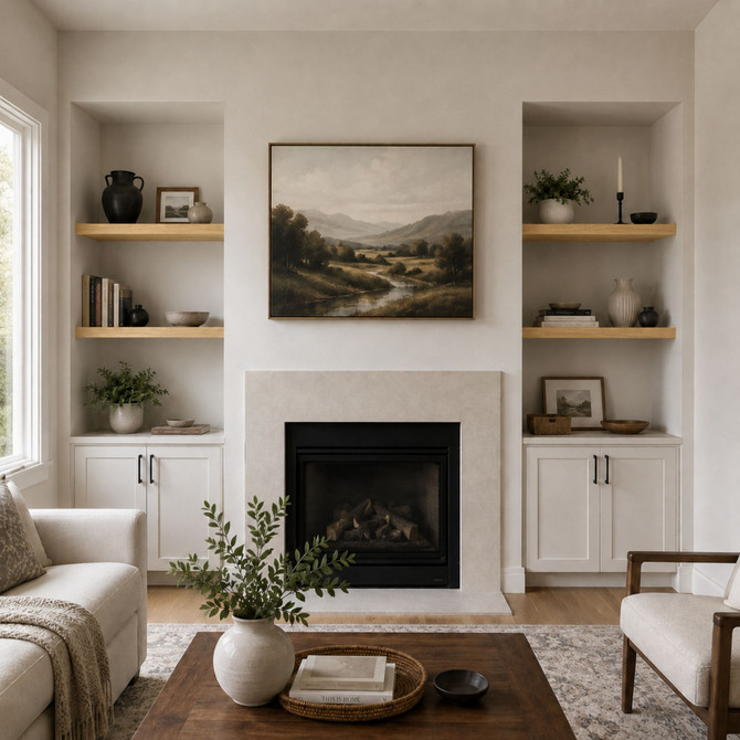 White oak alcove floating shelves installed in recessed built-in niches beside a living room fireplace.