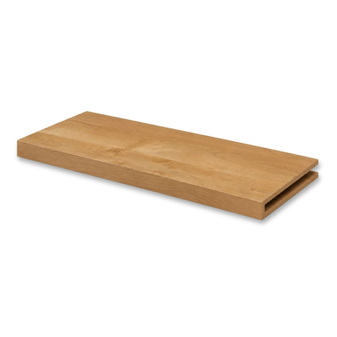 Superior alder 1.625-inch solid wood alcove floating shelf with warm natural wood grain and an open end for custom fitting.