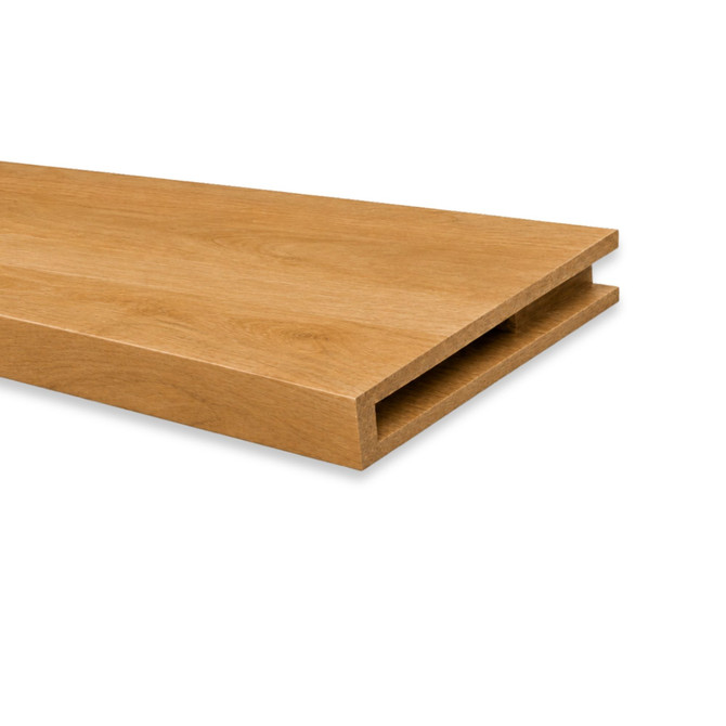 Close-up of superior alder alcove floating shelf showing the warm wood grain, open end, and recessed hidden cleat channel.