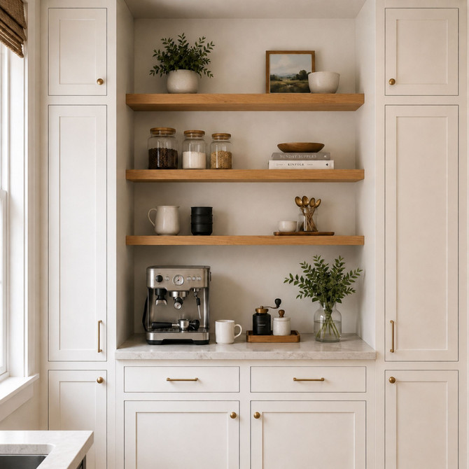 Superior alder alcove floating shelves with warm natural wood grain installed above a built-in kitchen coffee bar.